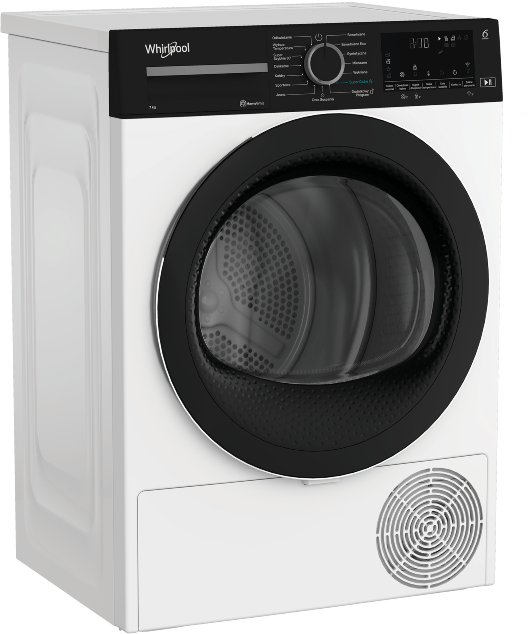 Biała suszarka Whirlpool z czarnymi drzwiami. Ma panel sterowania na górze i otwór wentylacyjny na dole.