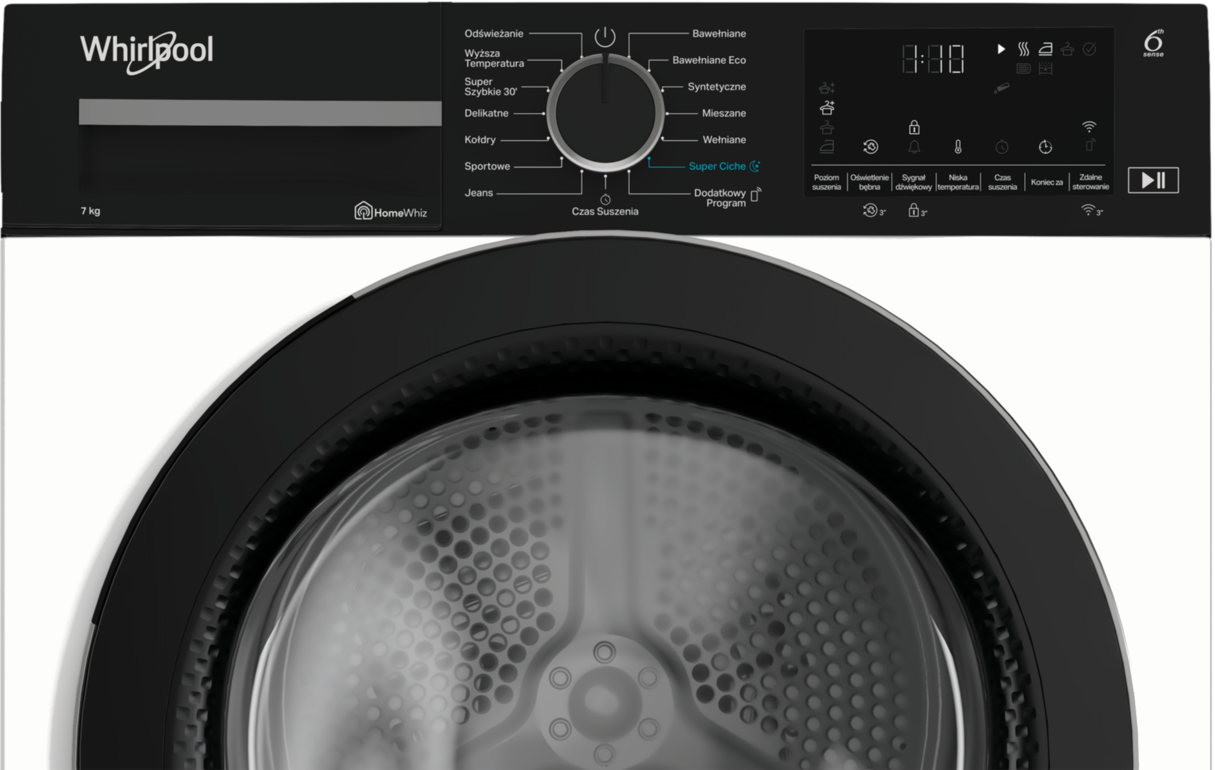 Czarna suszarka Whirlpool z panelem sterowania i szklanymi drzwiami. Panel ma opcje programów i wyświetlacz cyfrowy.