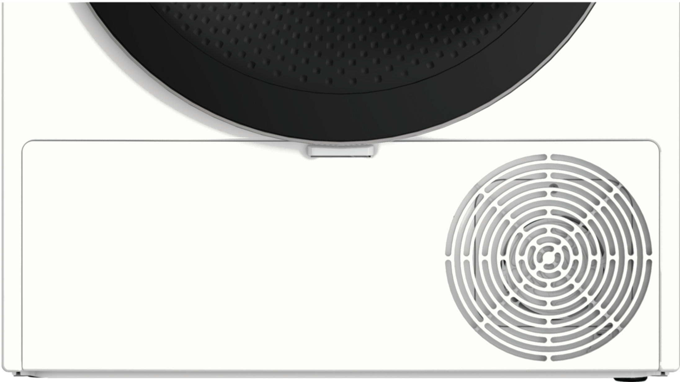 Zbliżenie białego urządzenia z czarnym blatem. Po prawej stronie znajduje się okrągła kratka i mały uchwyt.