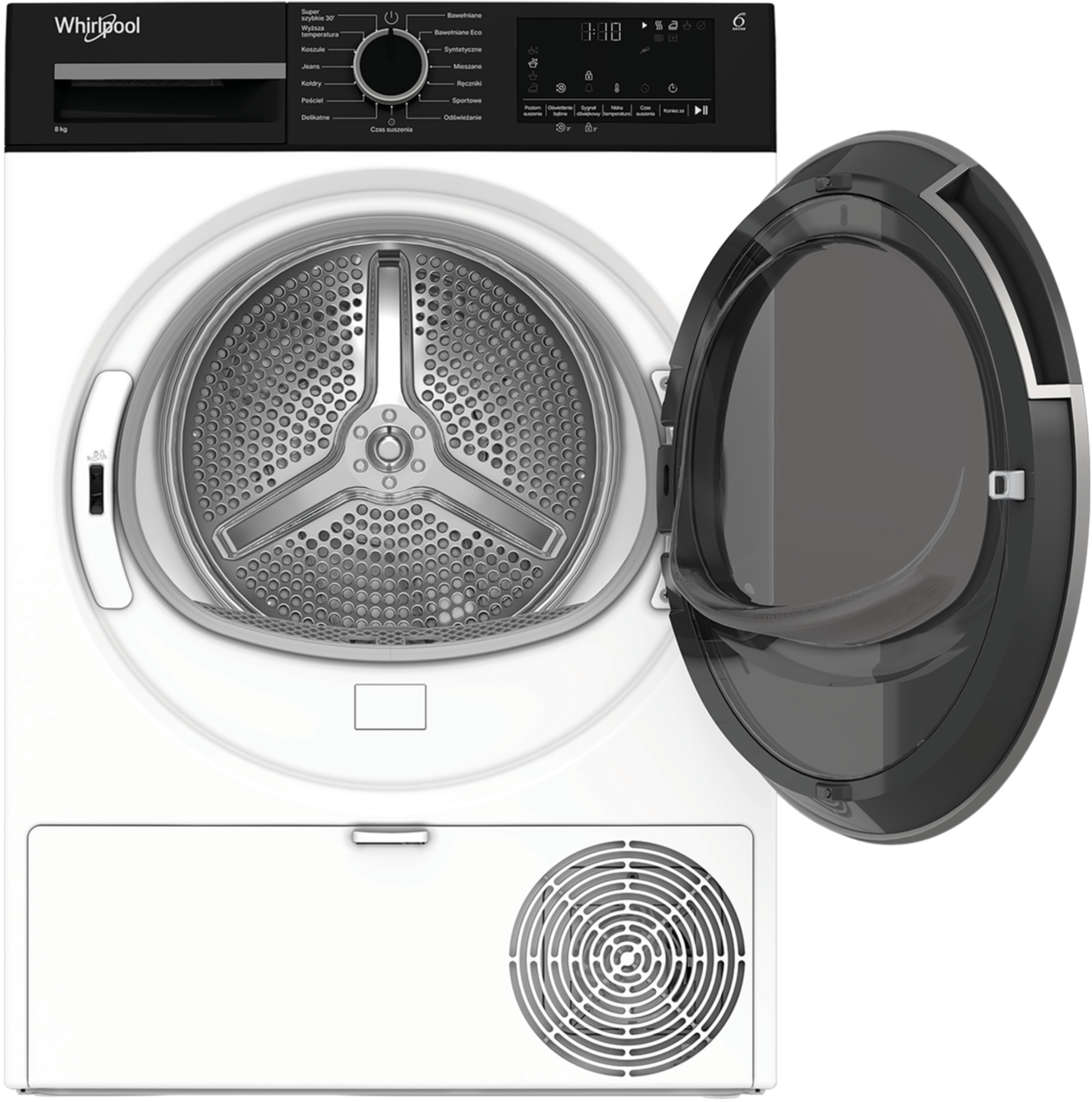 Biała suszarka Whirlpool z otwartymi czarnymi drzwiami. Panel sterowania jest czarny.