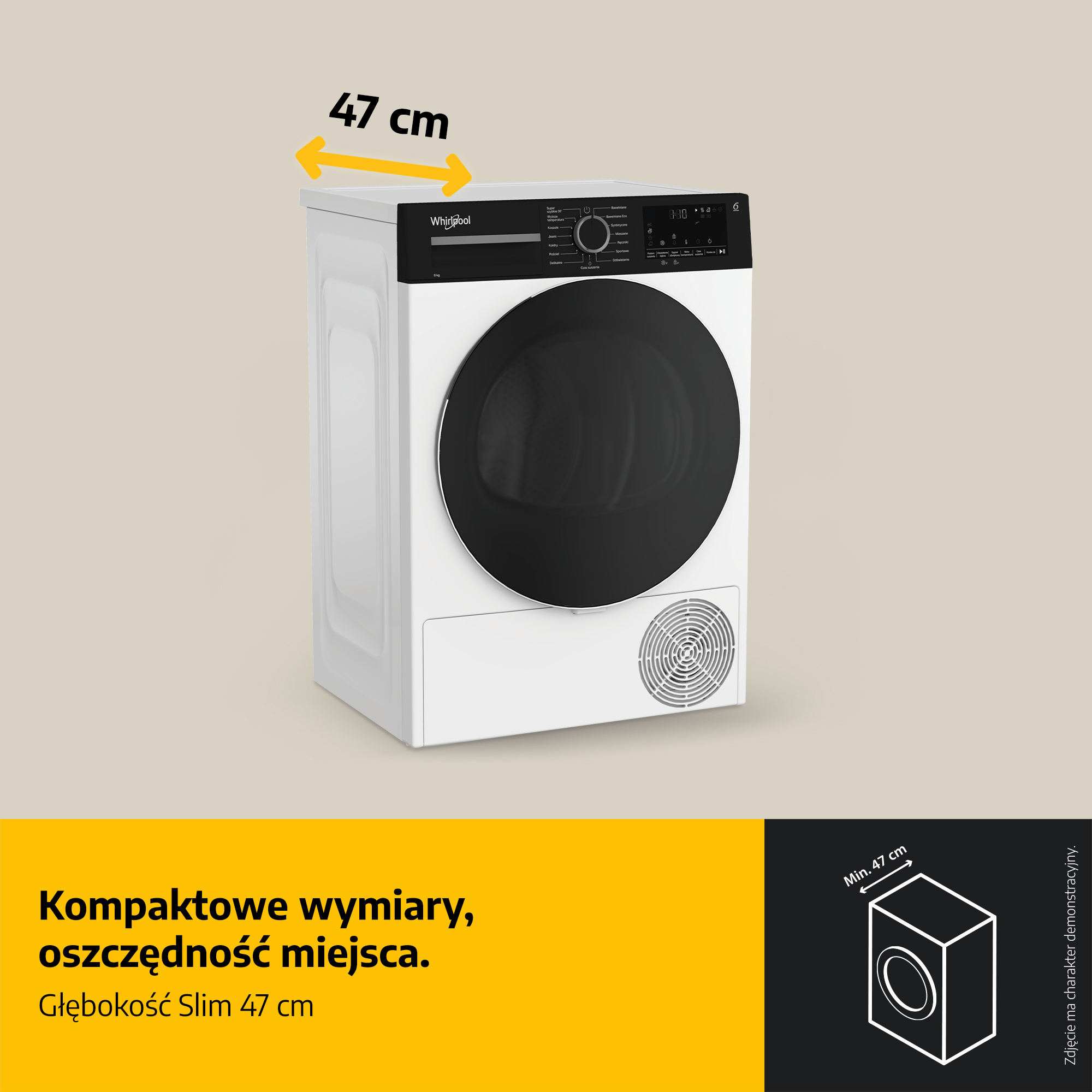 Biała suszarka Whirlpool z czarnymi drzwiami. Ma cyfrowy wyświetlacz i wymiar 47 cm.
