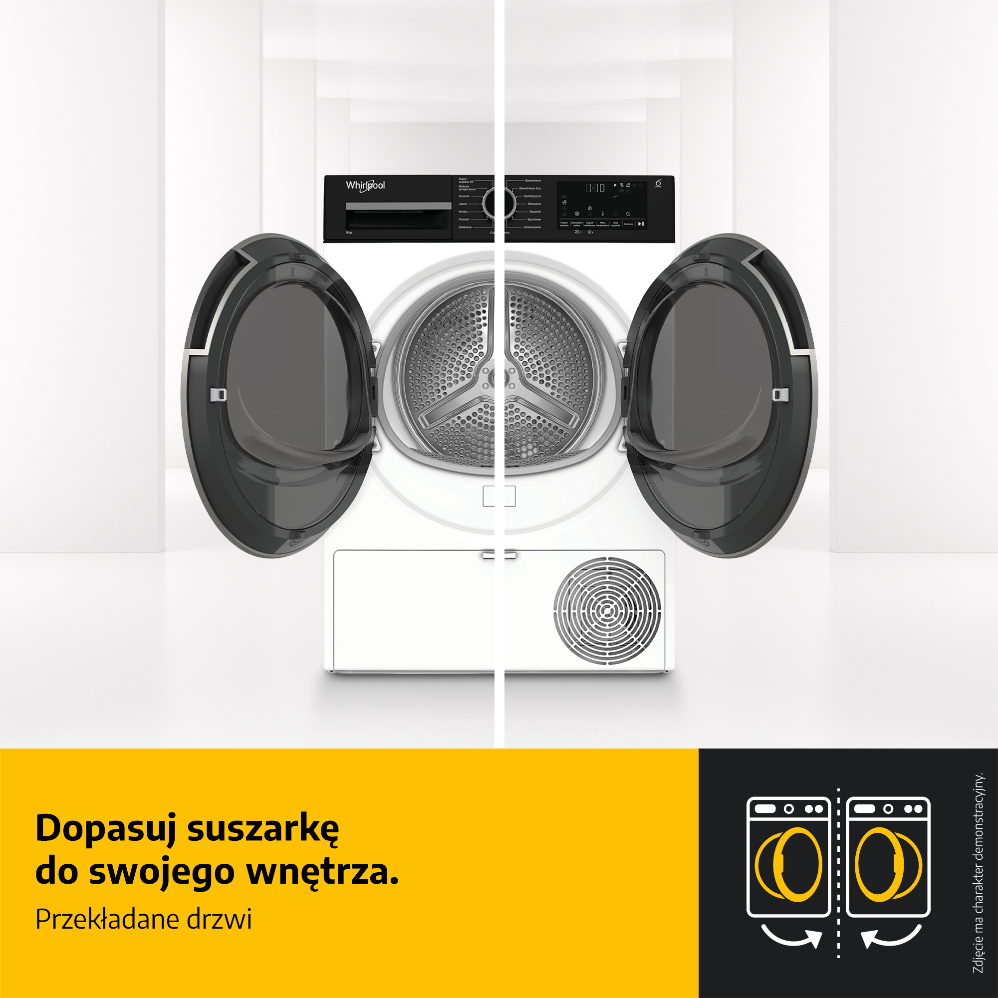 Biała suszarka Whirlpool z otwartymi czarnymi drzwiami. Widoczne panele sterowania. Żółto-czarny baner na dole.