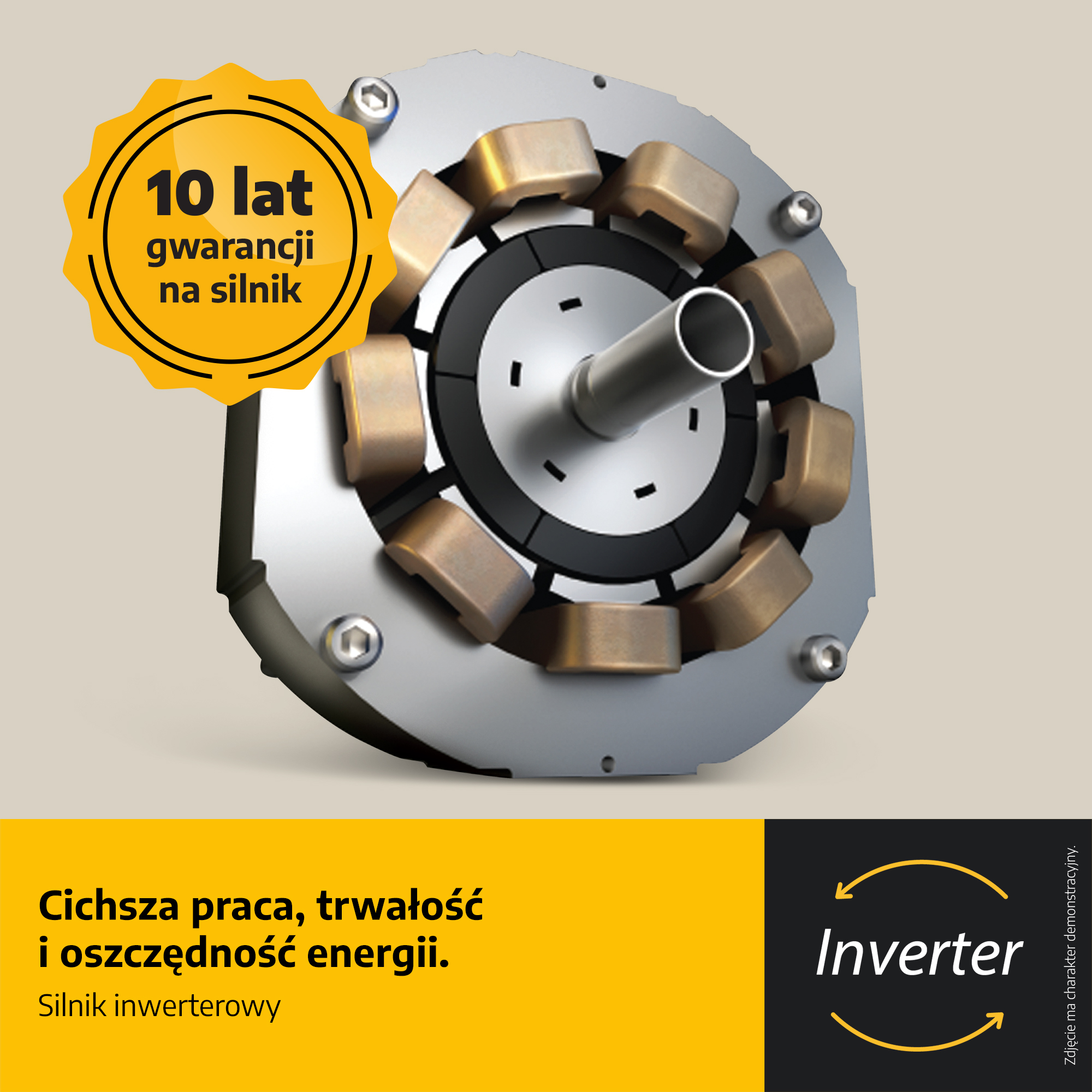 Silnik elektryczny z miedzianymi elementami, żółta odznaka gwarancyjna i tekst o efektywności energetycznej.