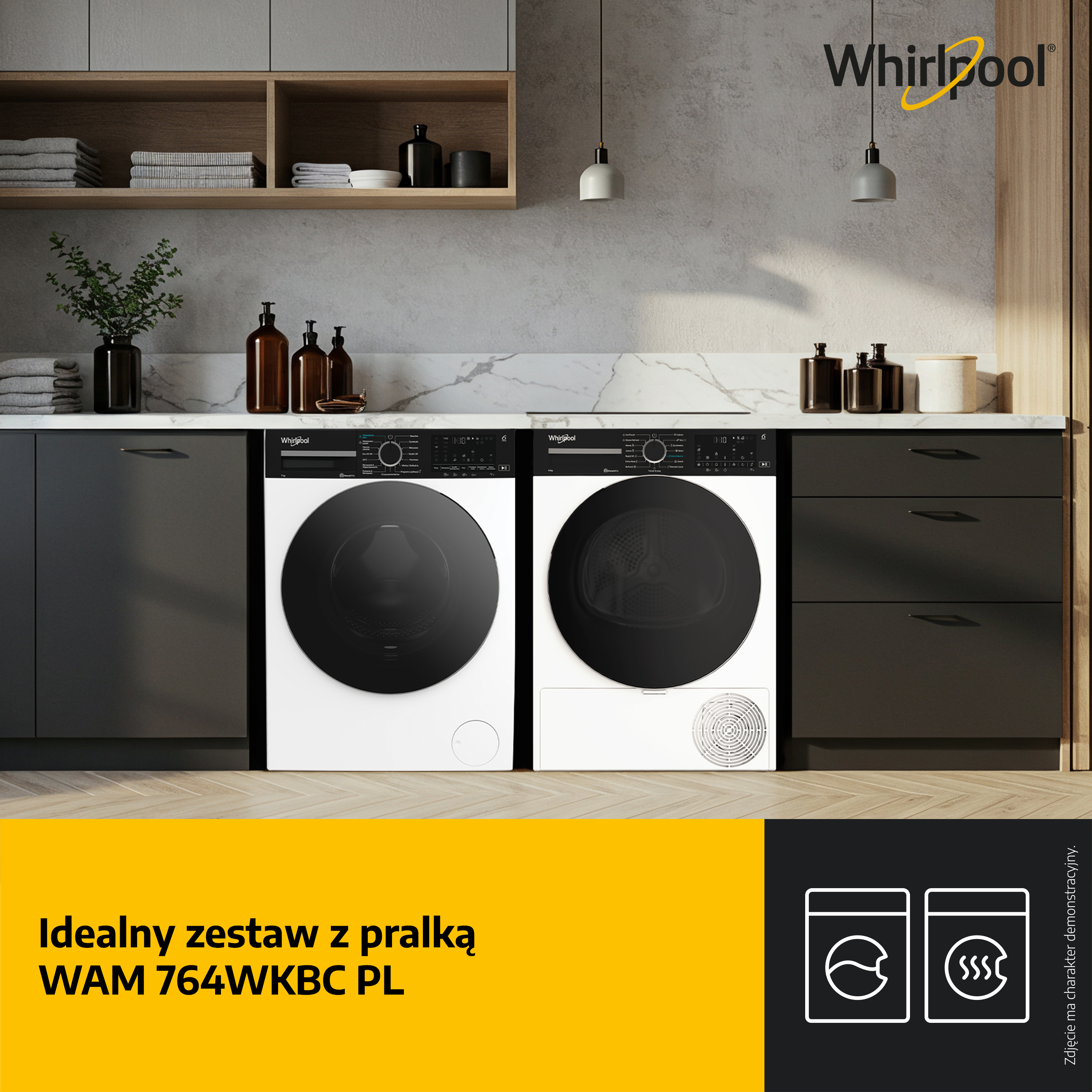 Scena kuchenna z pralką i suszarką, półkami i logo Whirlpool. Tekst: 'Idealny zestaw z pralką'.