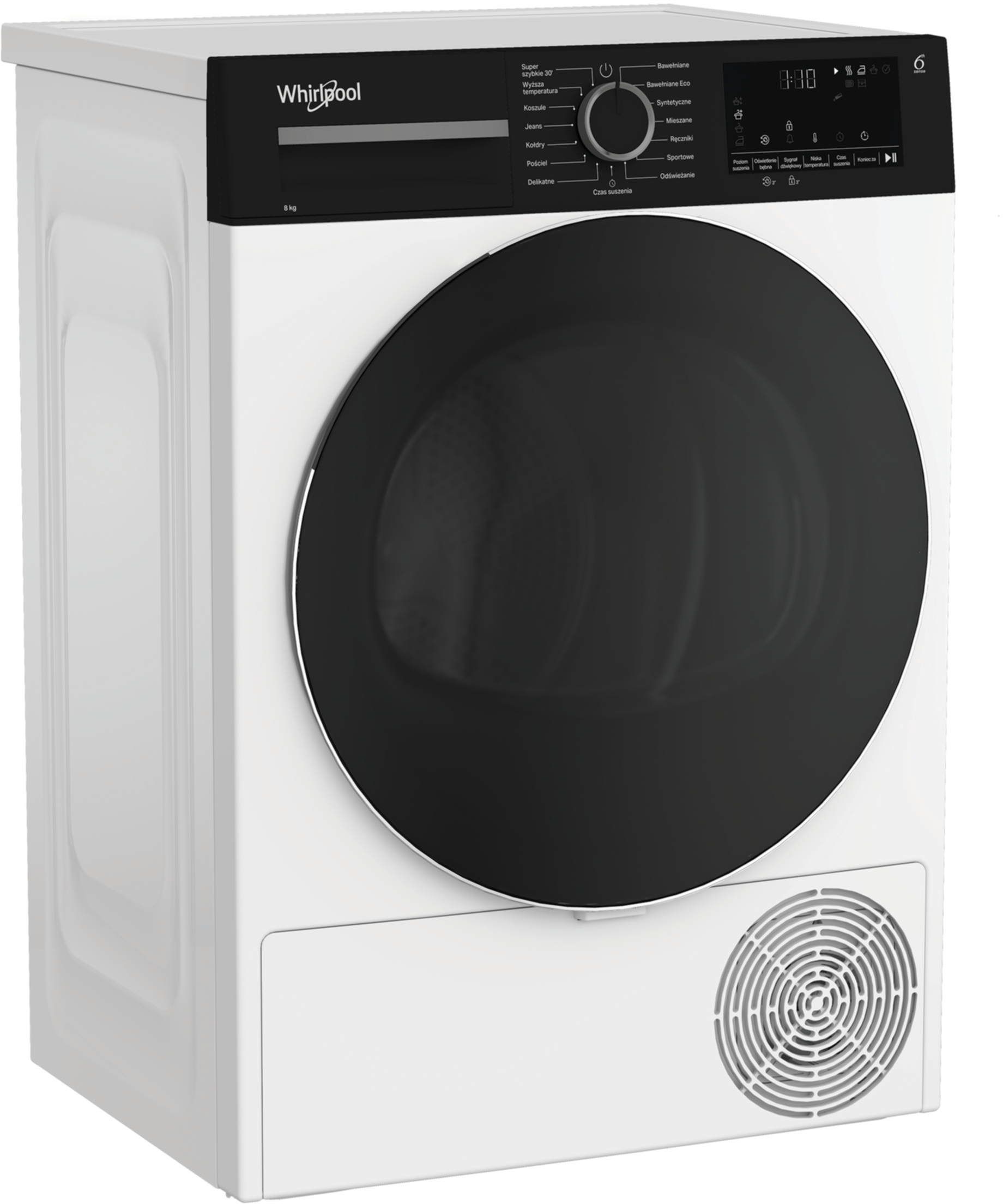 Biała suszarka Whirlpool z czarnymi drzwiami i panelem sterowania. Posiada pokrętło i wyświetlacz.