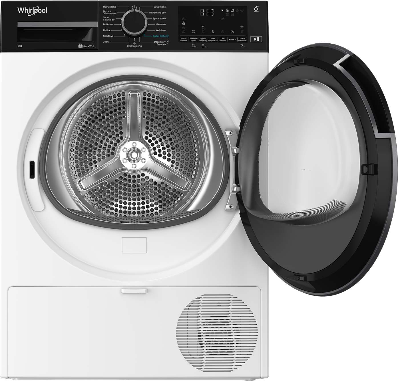 Biała i czarna suszarka Whirlpool z otwartymi drzwiami. Bęben wewnętrzny jest metaliczny. Panel sterowania jest czarny.