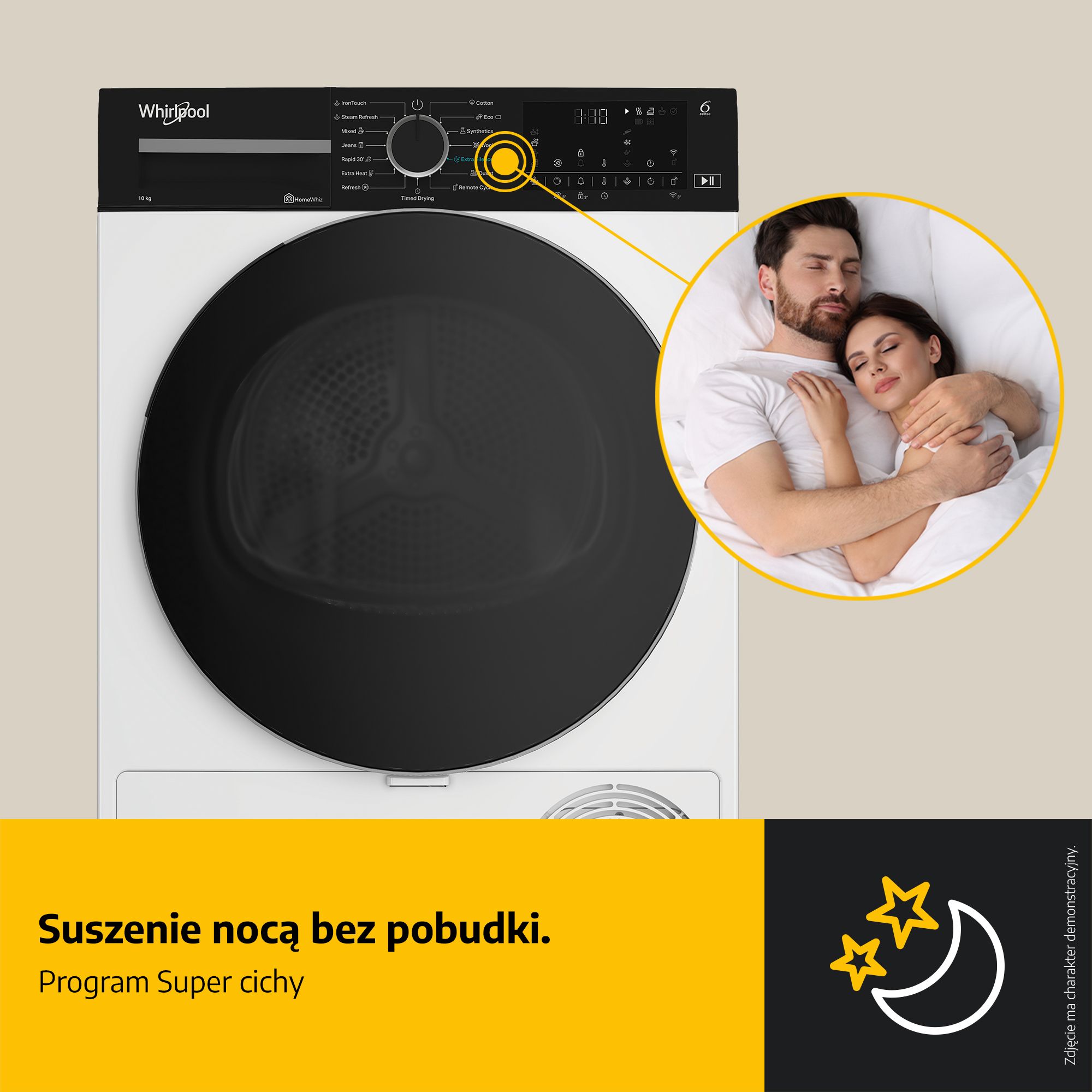 Suszarka z śpiącą parą w okręgu i ikoną nocy. Tekst: Suszenie nocą bez budzenia, program Super cichy.