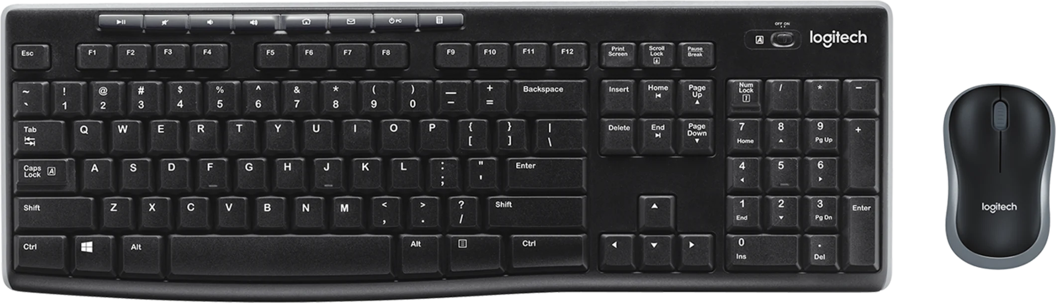 Fekete Logitech billentyűzet és egér. A billentyűzeten sok gomb van. Az egér jobbra van.