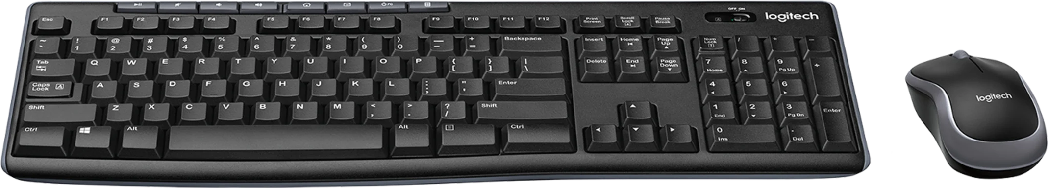 Egy fekete Logitech billentyűzet és egér. A billentyűzeten több billentyű van, az egér jobbra.