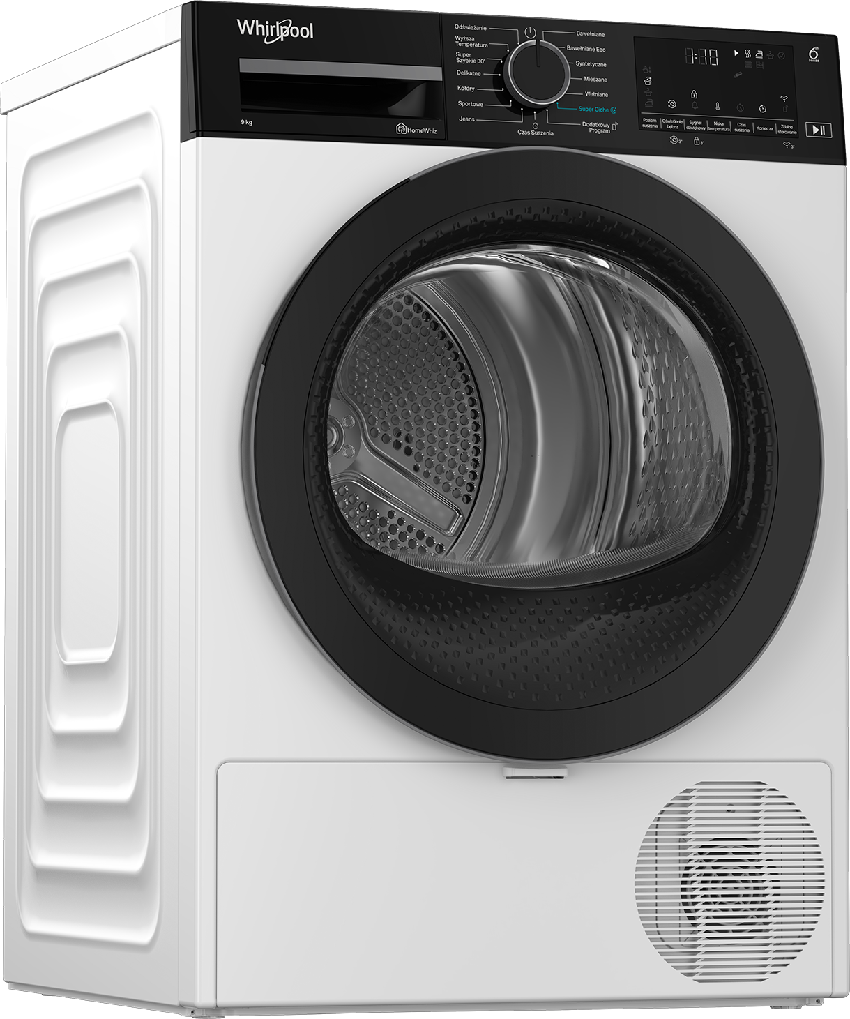 Biała suszarka Whirlpool z czarnymi drzwiami. Ma panel sterowania i wyświetlacz cyfrowy. Drzwi są okrągłe.