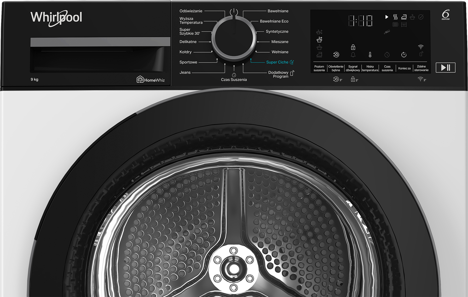 Suszarka Whirlpool. Ma czarne drzwi i panel sterowania z przyciskami i pokrętłem. Bęben jest metalowy.