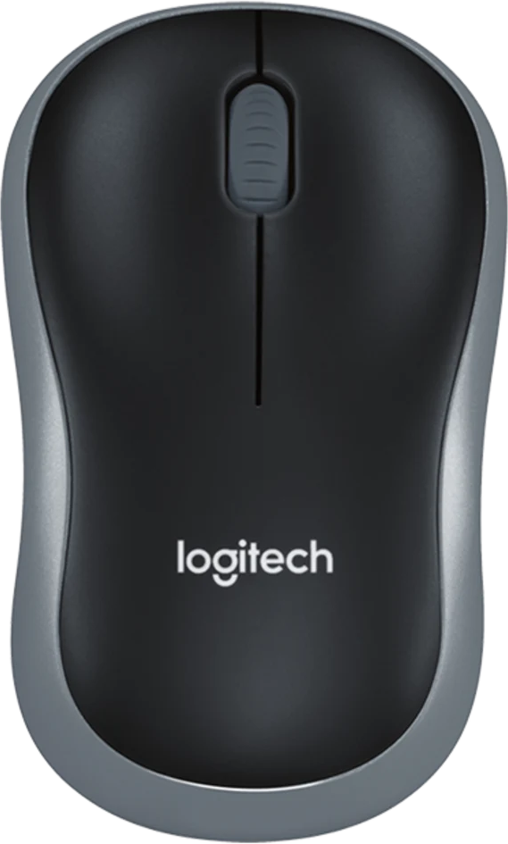 Egy fekete Logitech vezeték nélküli egér szürke szegéllyel és görgővel. A márkanév látható.