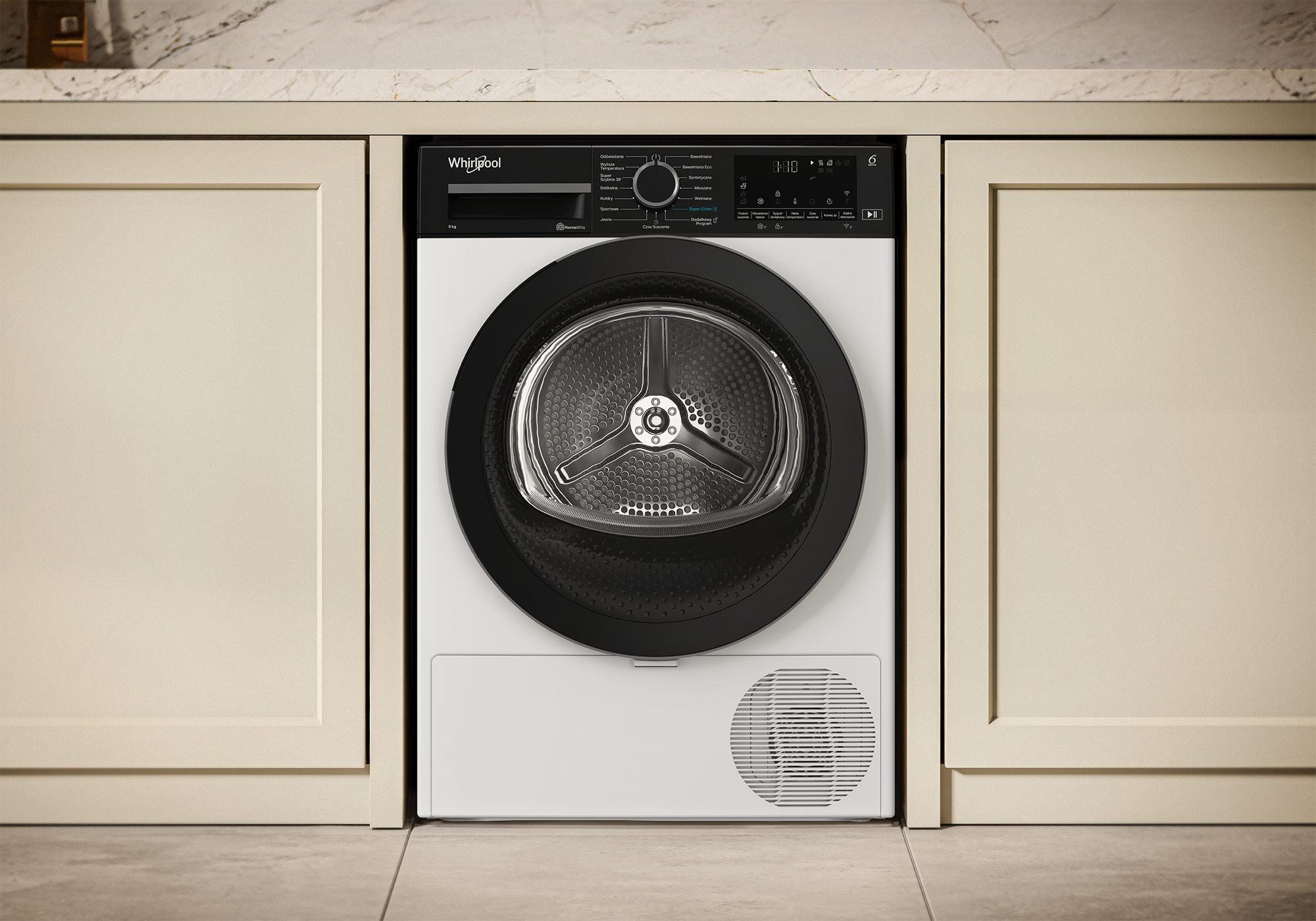 Suszarka Whirlpool jest wbudowana w szafkę. Suszarka jest biała z czarnymi drzwiami i panelem sterowania.