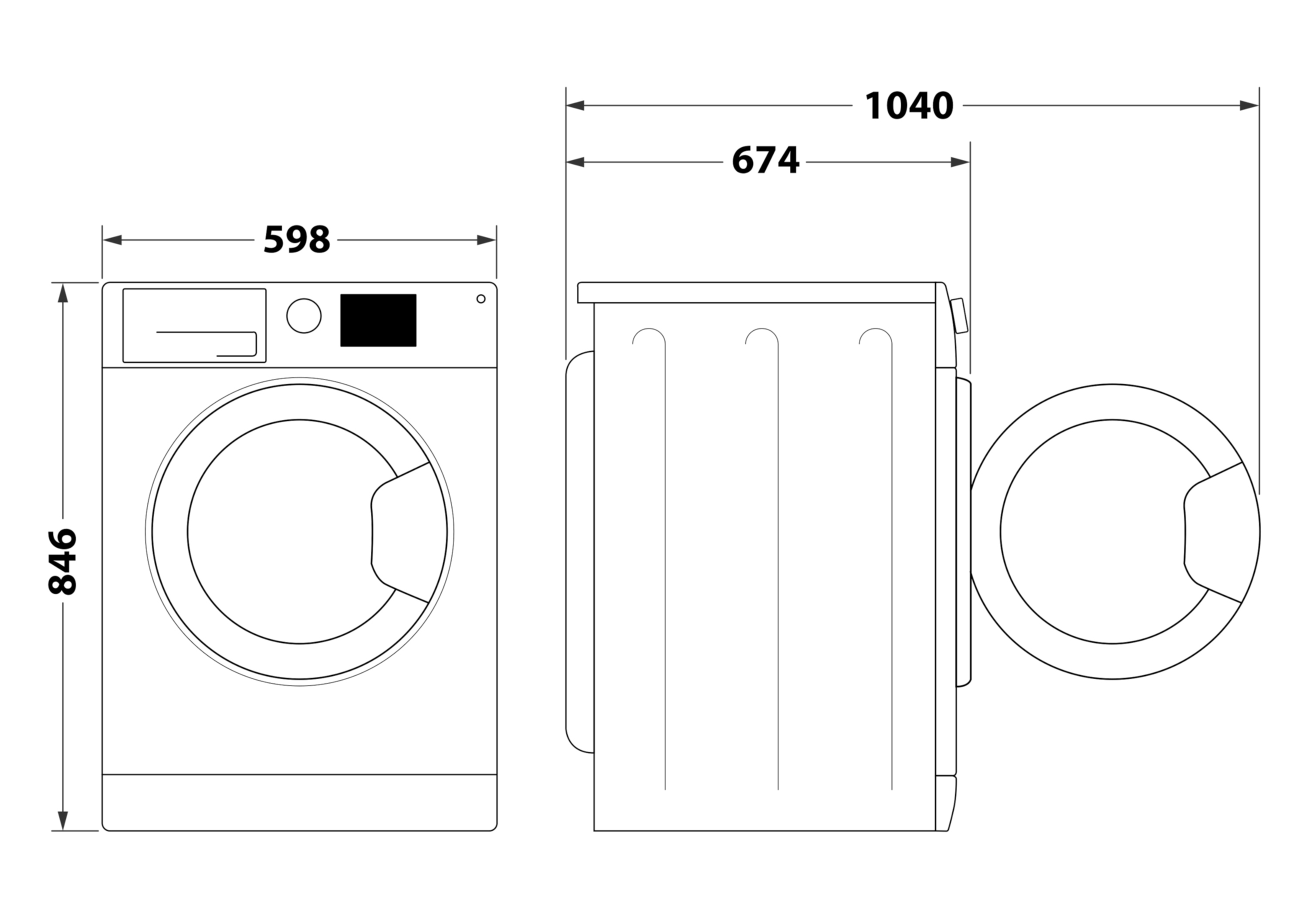 Rysunek linii pralki z trzech widoków. Wymiary podano w milimetrach dla szerokości i wysokości.
