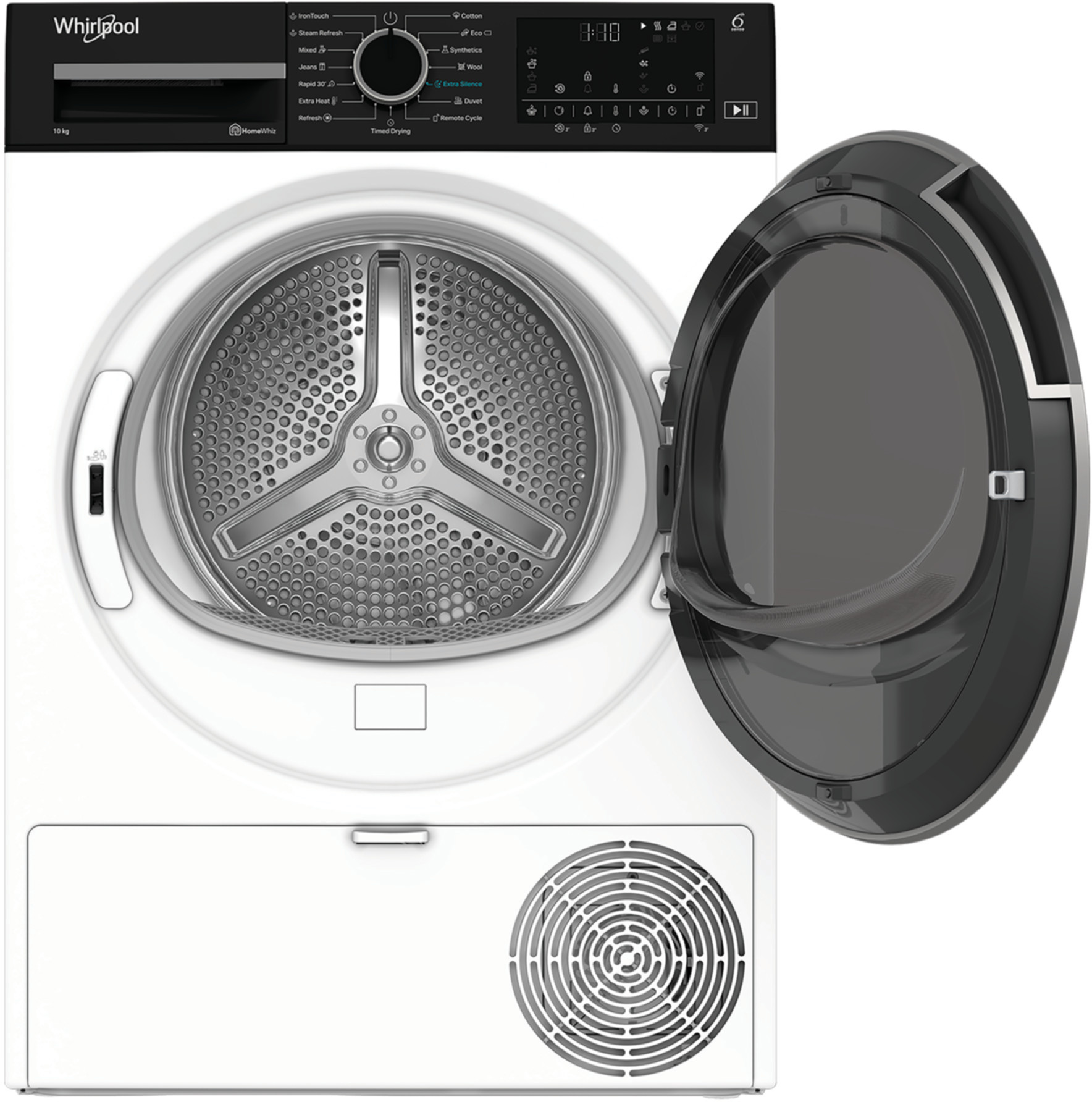 Biała suszarka Whirlpool z otwartymi drzwiami. Elementy sterujące i wyświetlacz na górze. Bęben widoczny w środku.