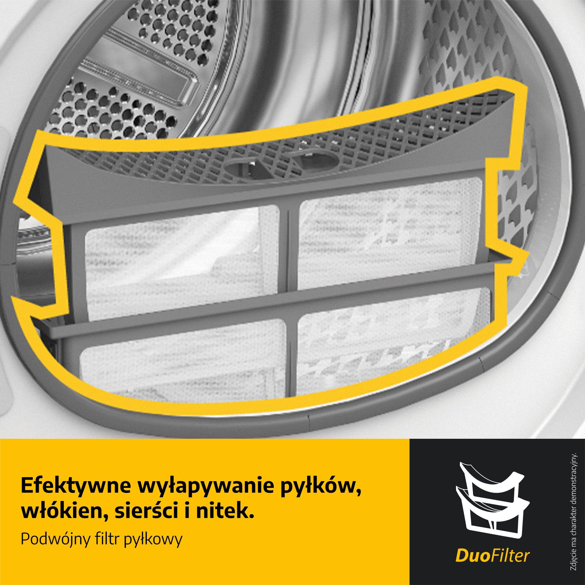 Zbliżenie filtra suszarki. Pokazuje system filtra kurzu, podświetlony żółtą linią. Filtr jest szary.