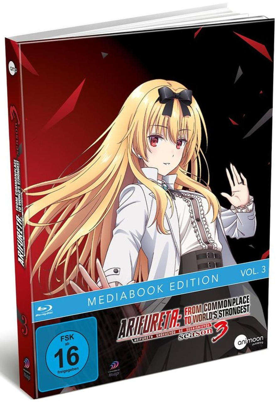 Anime Blu-ray-Cover. Blondes Mädchen in Weiß mit schwarzer Schleife. Titel: Arifureta: From Commonplace to World's Strongest. Staffel 3.