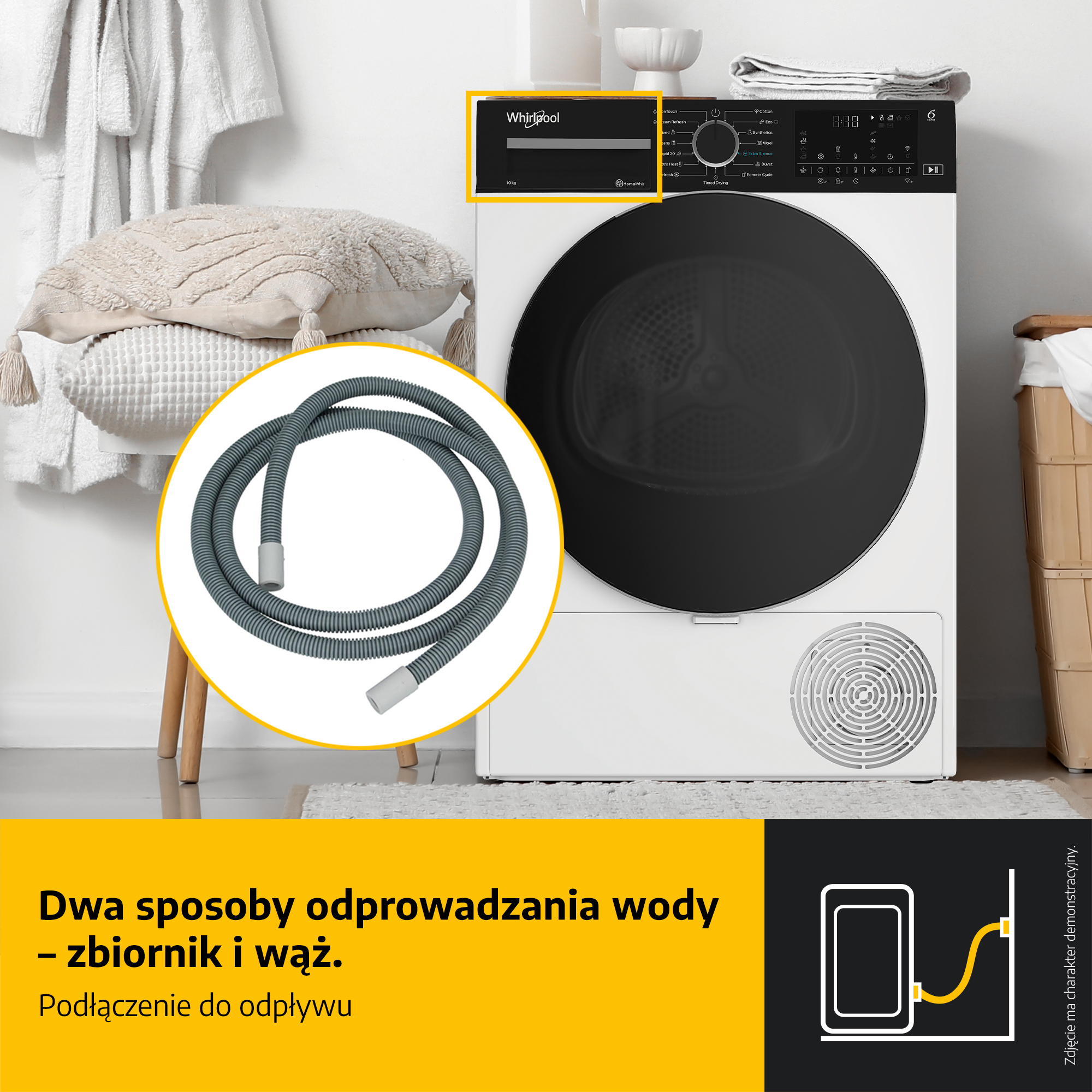 Biała suszarka Whirlpool z czarnymi drzwiami. Szary wąż z przodu. Tekst poniżej: 'dwa sposoby usuwania wody'.