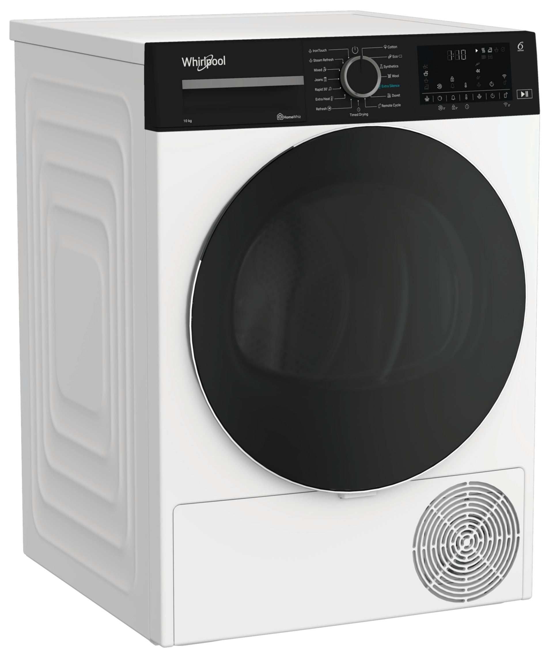 Biała suszarka Whirlpool z czarnymi drzwiami. Ma panel sterowania i wyświetlacz cyfrowy.