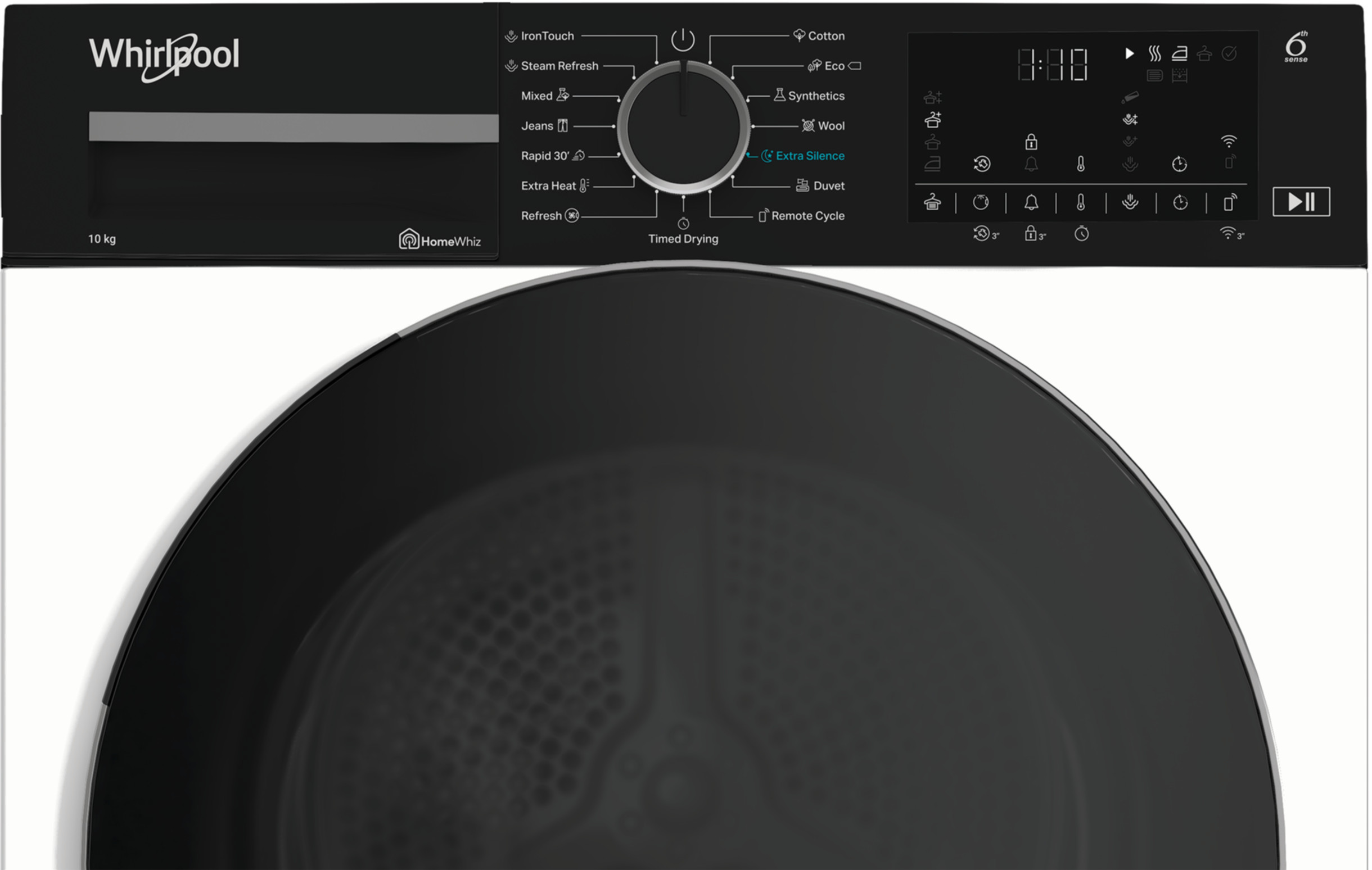 Czarna suszarka Whirlpool z panelem sterowania, dużymi drzwiami i cyfrowym wyświetlaczem 8:88.
