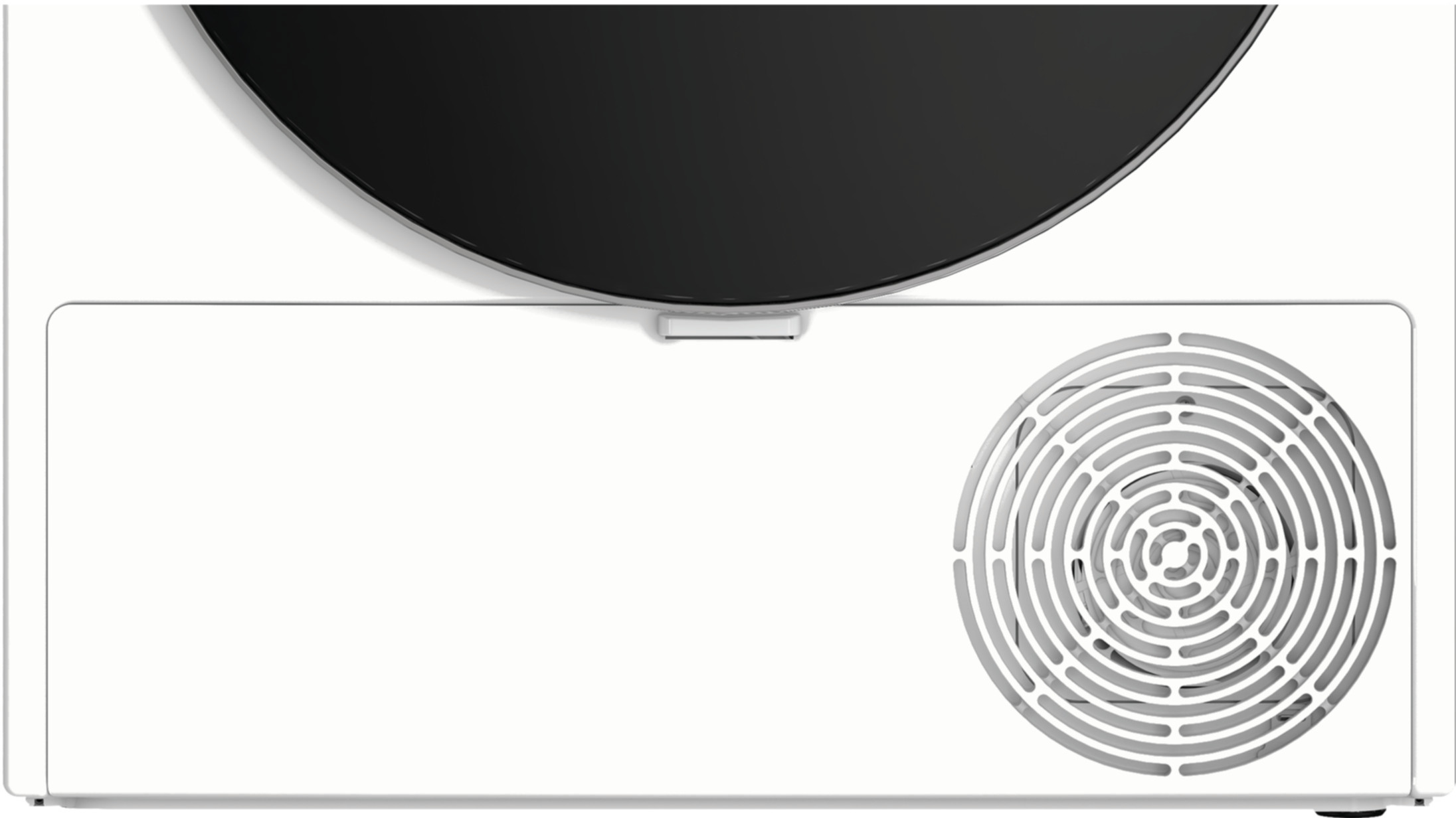 Białe urządzenie z czarnym blatem. Ma wentylator i mały uchwyt. Wentylator jest okrągły z koncentrycznymi okręgami.