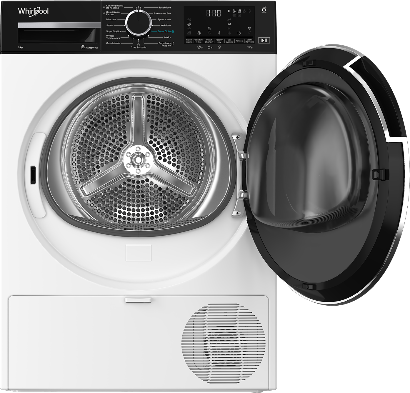 Biała suszarka Whirlpool z otwartymi drzwiami, bęben widoczny. Panel sterowania na górze, z różnymi opcjami suszenia.