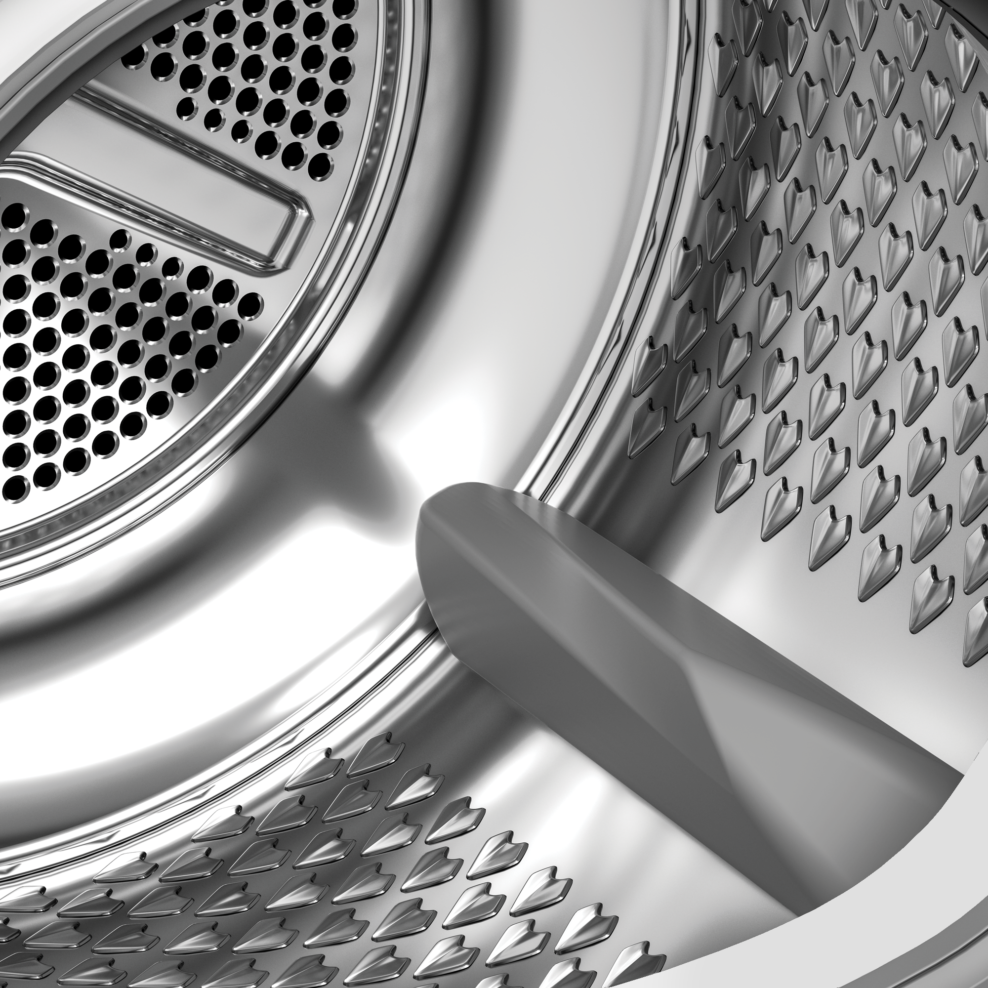 Wnętrze bębna pralki. Widoczny perforowany metal, gładkie powierzchnie metalowe i centralny agitator.