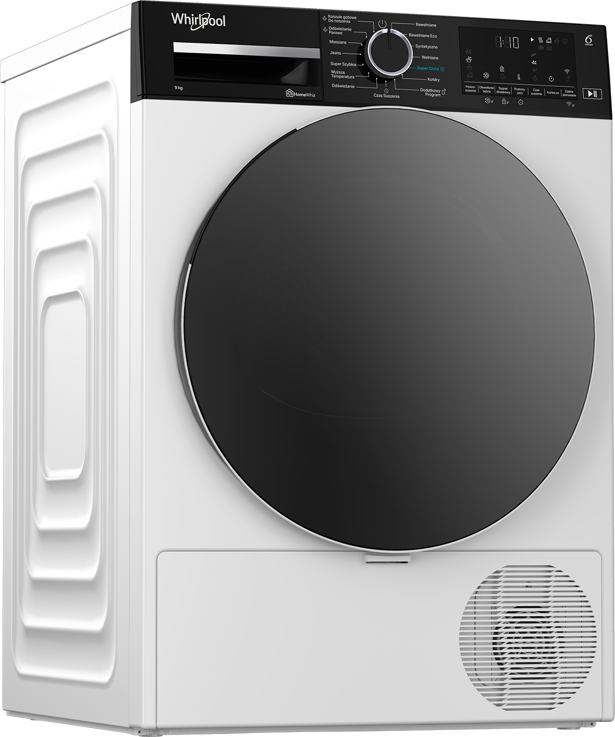 Biała suszarka Whirlpool z czarnymi drzwiami. Ma górny panel sterowania z różnymi ustawieniami i wyświetlaczem cyfrowym.