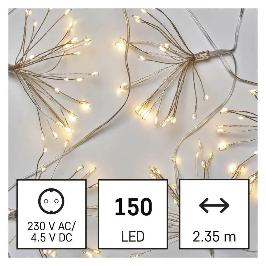 Füzérfény 150 LED-del. Információs négyzetek mutatják a teljesítményt, a feszültséget és a hosszt: 2,35 m. Az arany fények fehér háttéren.