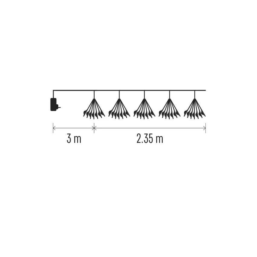 Diagram a fényfüzérről. Van egy hálózati adaptere, egy 3 m-es szakasza és egy 2,35 m-es szakasz a lámpáknak.