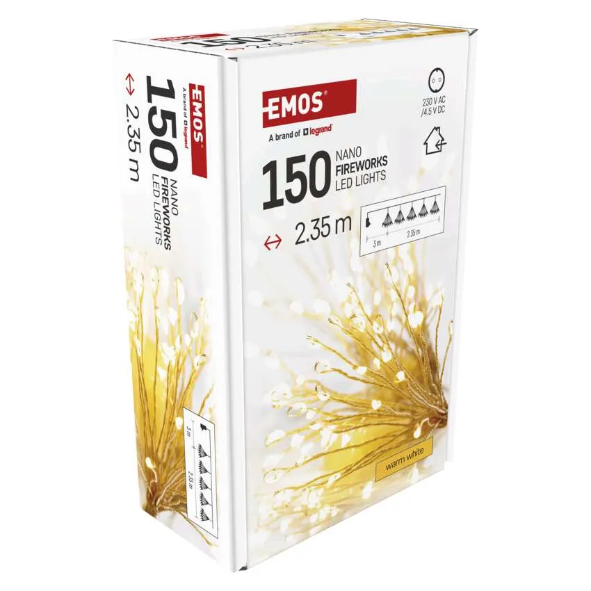 EMOS LED-lámpák doboza, 150 db, 2,35 m hosszú, nano tűzijáték, meleg fehér. Fehér doboz piros és fekete szöveggel.