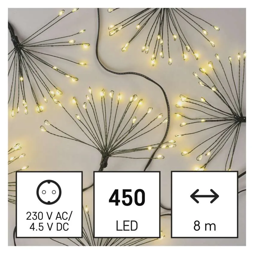Füzérfény 450 LED-del. Jellemzők: 230 V AC/4,5 V DC és 8 m hosszúság. A lámpák csillag alakúak.