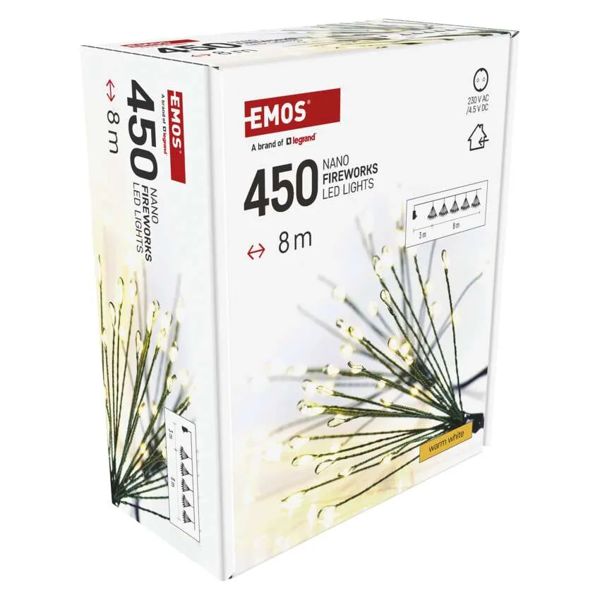 EMOS Nano Fireworks LED lámpák doboza, 450 lámpa, 8 m hosszú, meleg fehér. Fehér doboz, piros EMOS logóval és termékadatokkal.