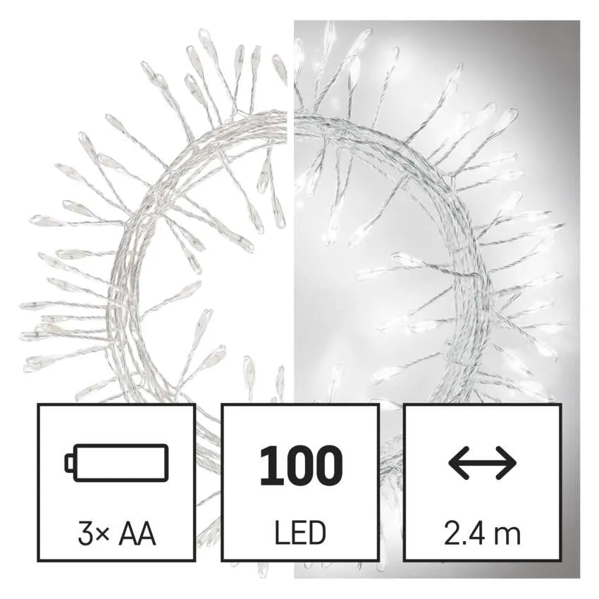 Füzérfény 100 LED-del, 2,4 m hosszú, 3x AA elemmel működik. A lámpák fehérek és csillag alakúak.