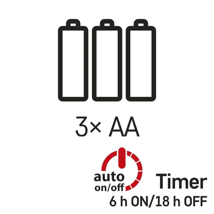 A képen három akkumulátor ikon látható, 3xAA felirat, automatikus be/ki időzítő, és a 'Timer 6h ON/18h OFF' leírás.