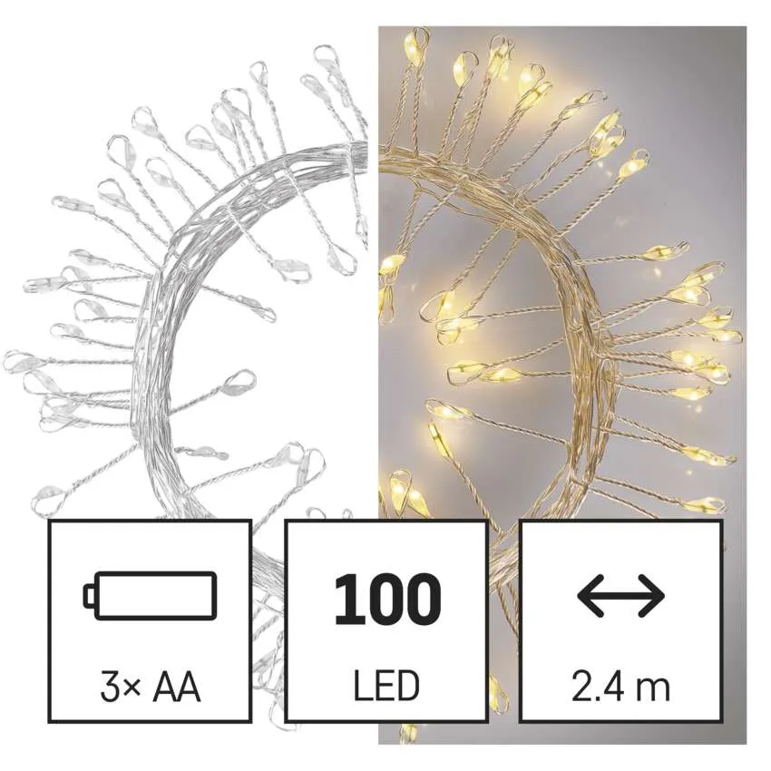 Egy világító dekoratív fénygyűrű. 100 LED-je van, 2,4 méter hosszú, és 3x AA elemet igényel. A fény meleg fehér.