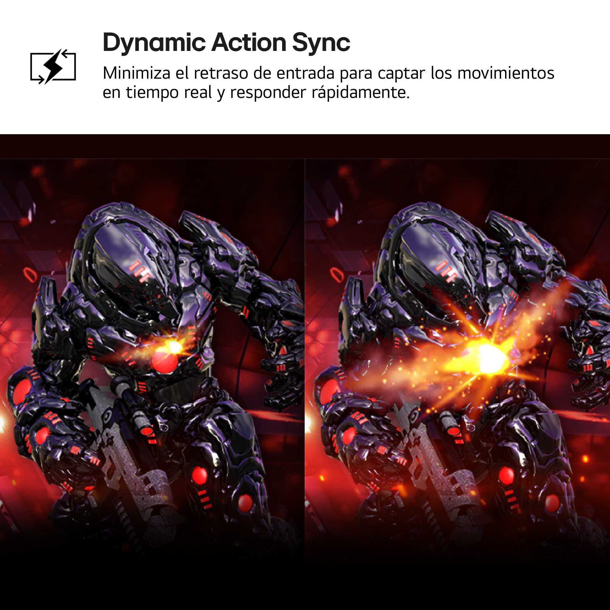 Dos robots futuristas, negro con acentos rojos, disparando rayos de energía. Texto Dynamic Action Sync arriba.
