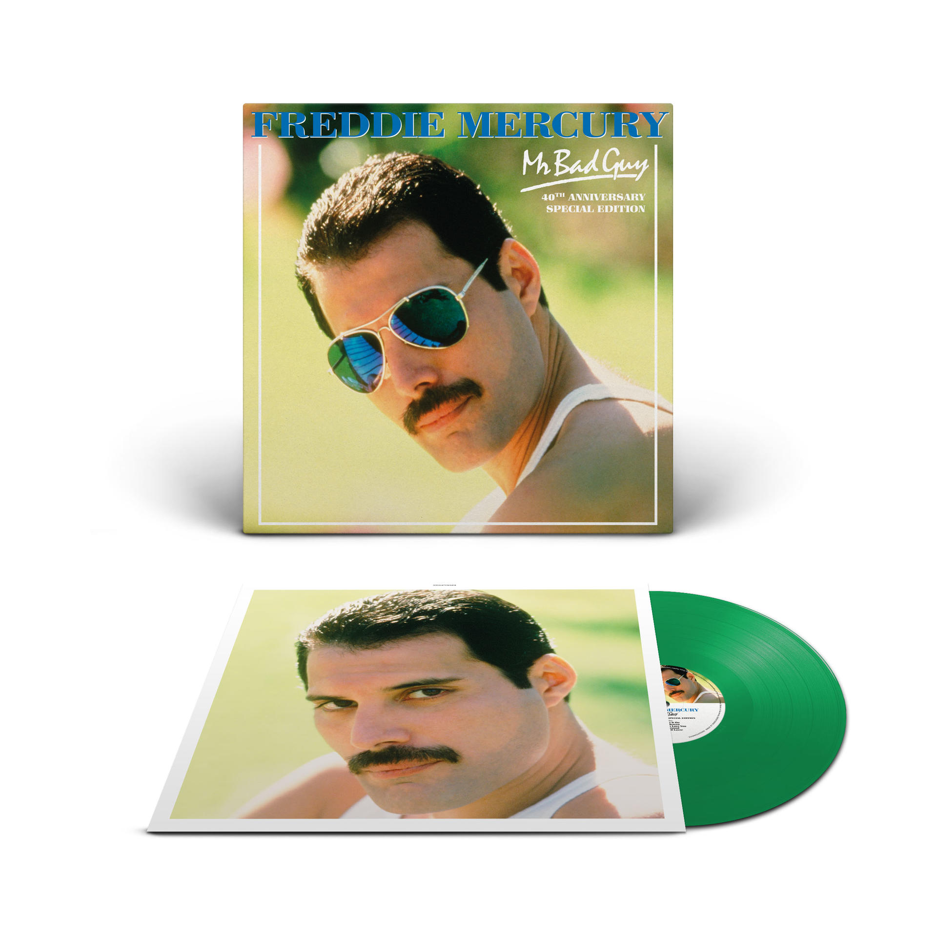Freddie Mercury Mr. Bad Guy album borítója és bakelitje. Az albumon Freddie napszemüvegben, a bakelit zöld.