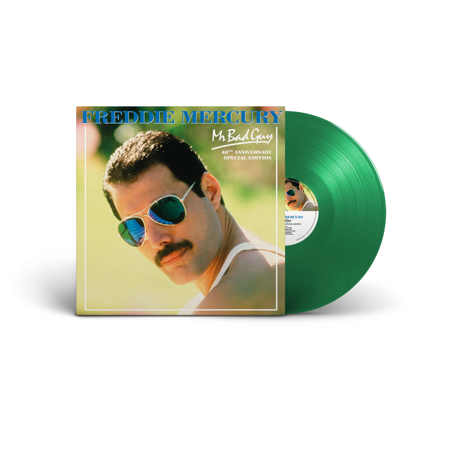 Freddie Mercury Mr. Bad Guy album borítója. Mercury-t napszemüvegben ábrázolja. Mellette egy zöld bakelit lemez látható.
