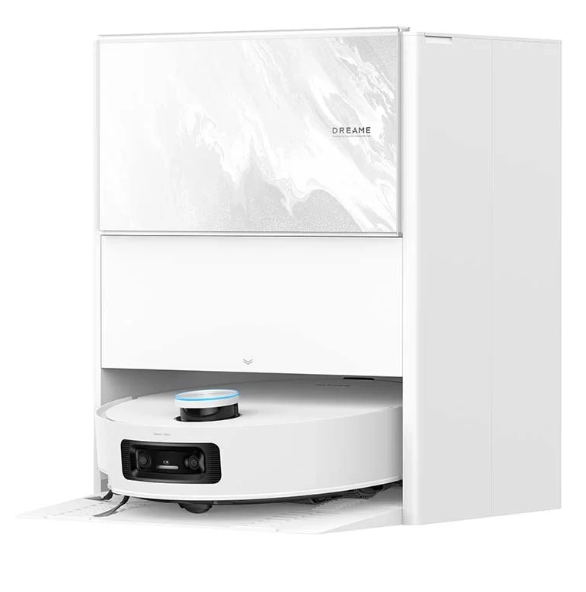 Biały robot odkurzający jest zadokowany w białej stacji ładującej. Stacja ma marmurowy wzór na górnym panelu.