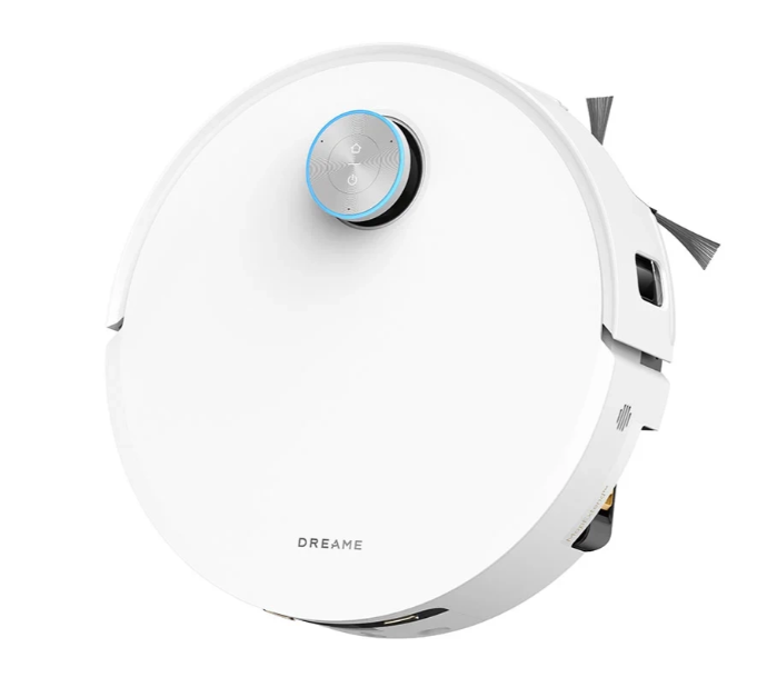 Biały robot sprzątający Dreame. Ma okrągły kształt z panelem sterowania i szczotkami. Tło jest białe.