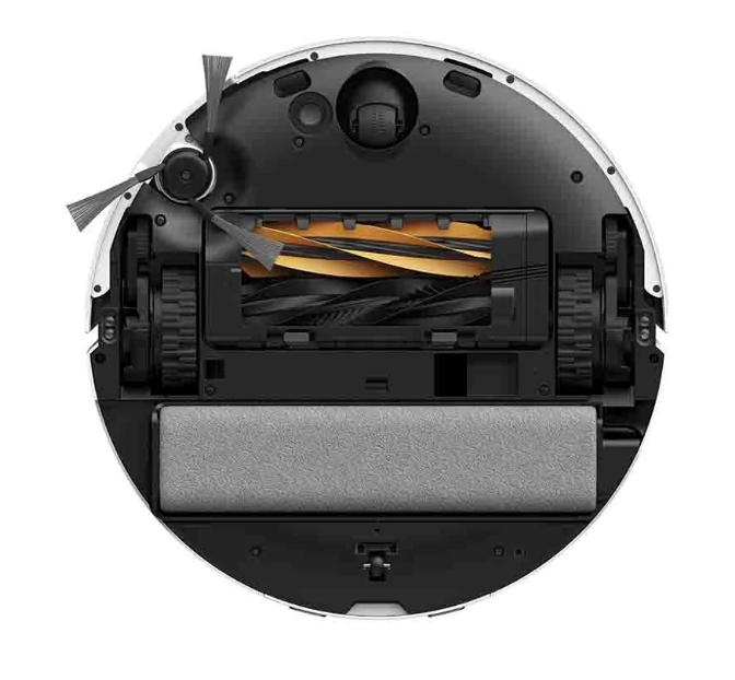 Pokazano spód białego i czarnego robota odkurzającego. Posiada szczotki, koła i nakładkę czyszczącą. Centralna szczotka jest pomarańczowa.