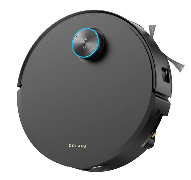 Czarny robot sprzątający Dreame z niebieskim panelem sterowania. Ma szczotki i okrągły kształt.