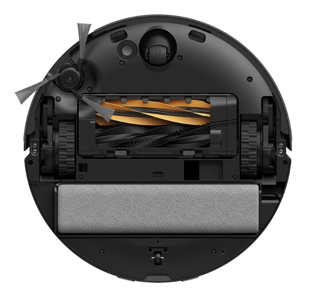 Czarny robot odkurzający, pokazujący szczotki, koła i szczotkę czyszczącą. Widoczne złote i czarne części wewnętrzne.