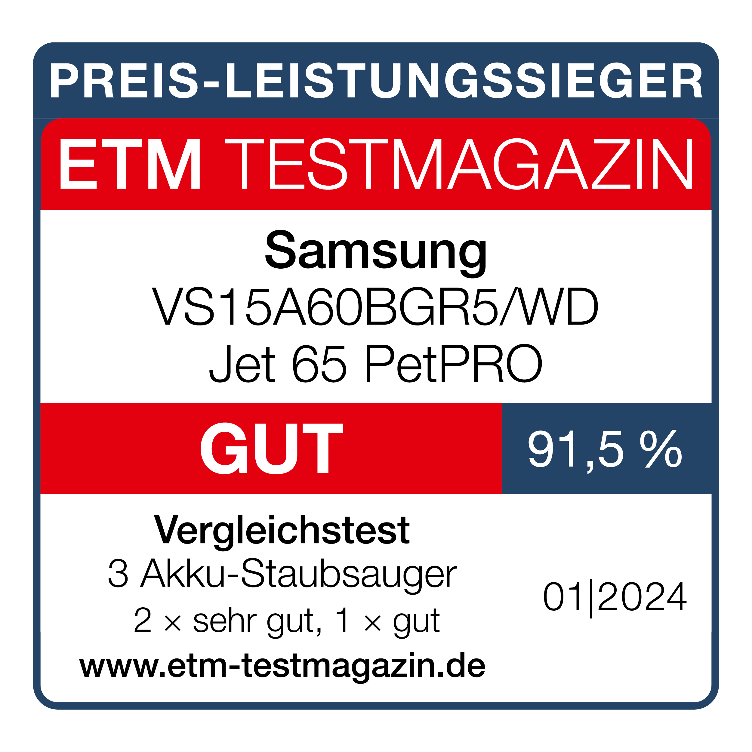 Auszeichnung für Samsung Staubsauger. Text: Preis-Leistungssieger, ETM Testmagazin, GUT, 91,5%, 01|2024.