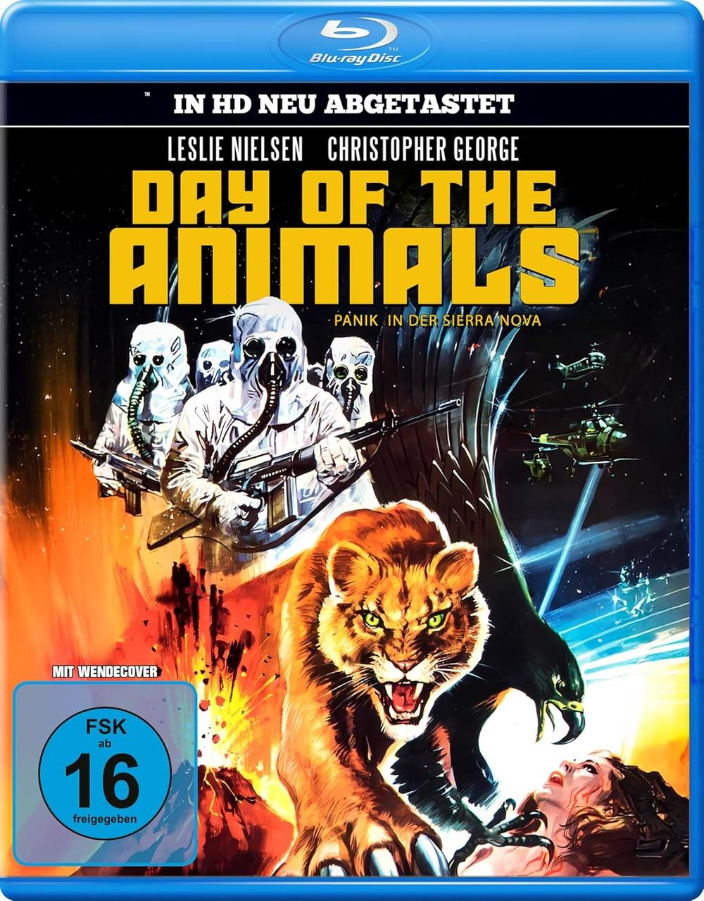 Blu-ray-Cover. Titel: Day of the Animals. Zeigt Löwen, Adler, Personen mit Gasmasken, Hubschrauber. FSK 16.
