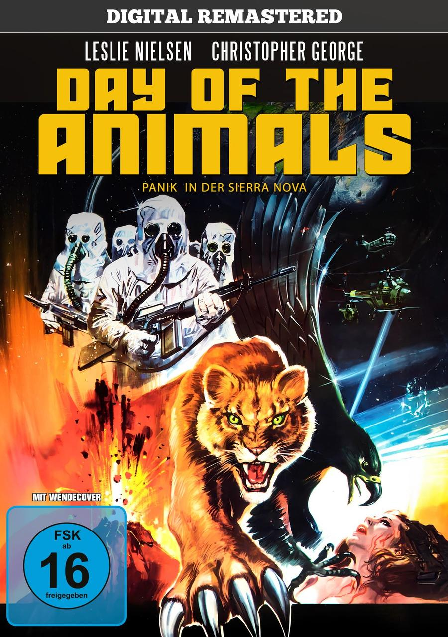 Poster für den Film 'Day of the Animals'. Mit Puma, Adler, Personen in Schutzanzügen und Hubschraubern mit einer Frau.