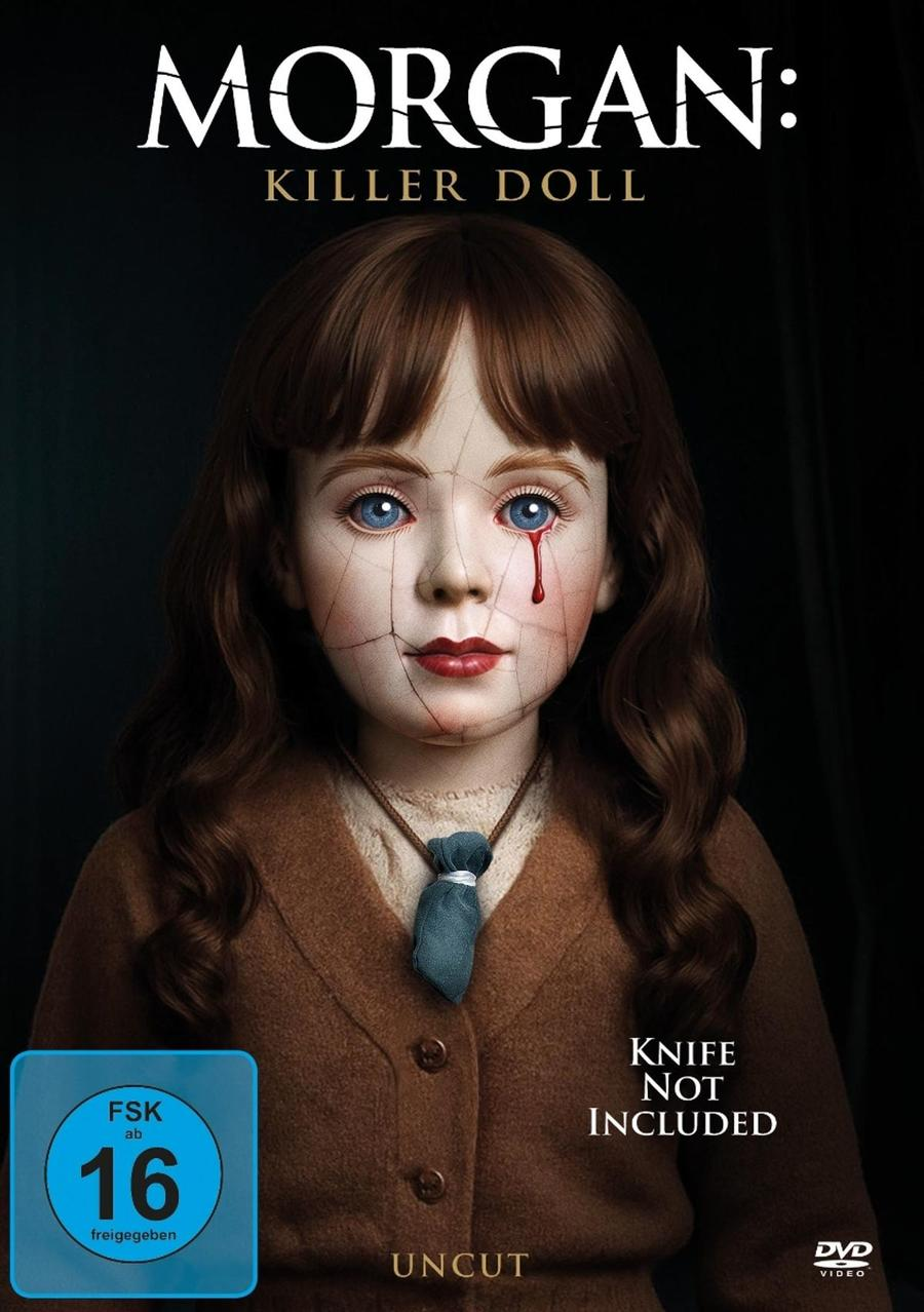 DVD-Cover für 'Morgan: Killer Doll'. Eine Puppe mit Rissen, blauen Augen und einer Blutträne. Braune Haare, Pullover und eine Halskette.