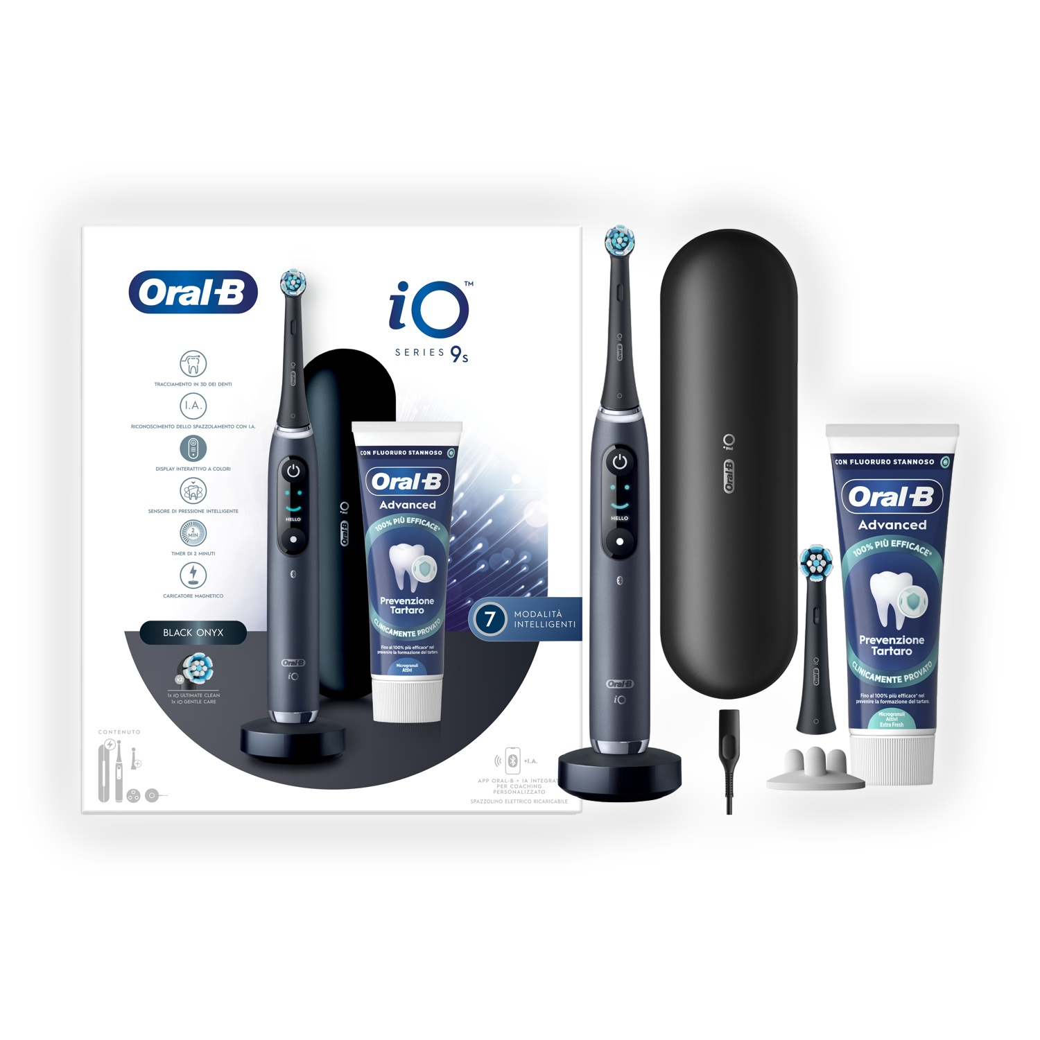 Spazzolino elettrico Oral-B Bundle iO Series 9S + Dentifricio, con custodia e testina di ricambio, Nero