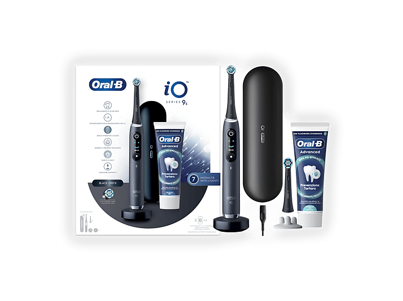 Spazzolino elettrico Oral-B Bundle iO Series 9S + Dentifricio, con custodia e testina di ricambio, Nero